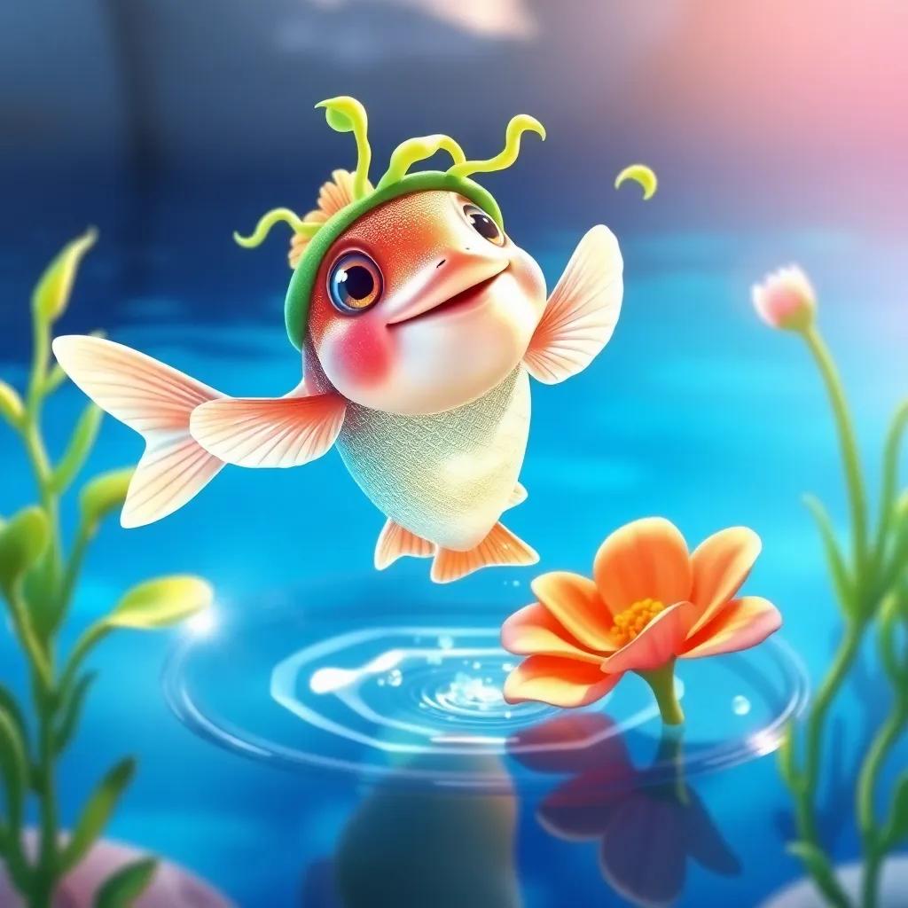 A shimmering fish with bright scales, jumping out of a clear blue pond near the flower, wearing a cute seaweed hat, vibrant underwater scene, cheerful and lively