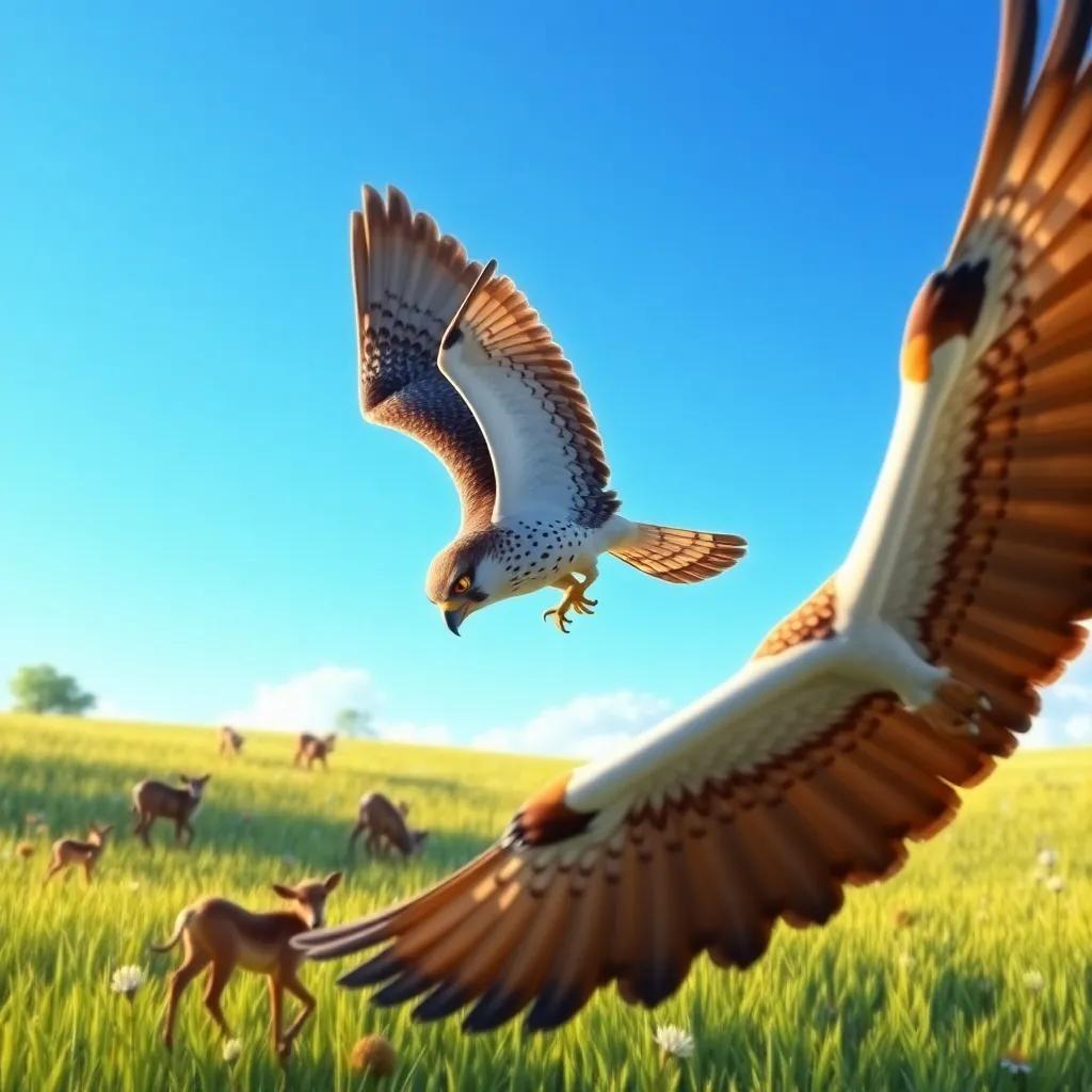 A falcon with sharp eyes, soaring in the sky above the meadow, flapping its wings and looking down at the animals, clear blue sky, dynamic pose, majestic and wise