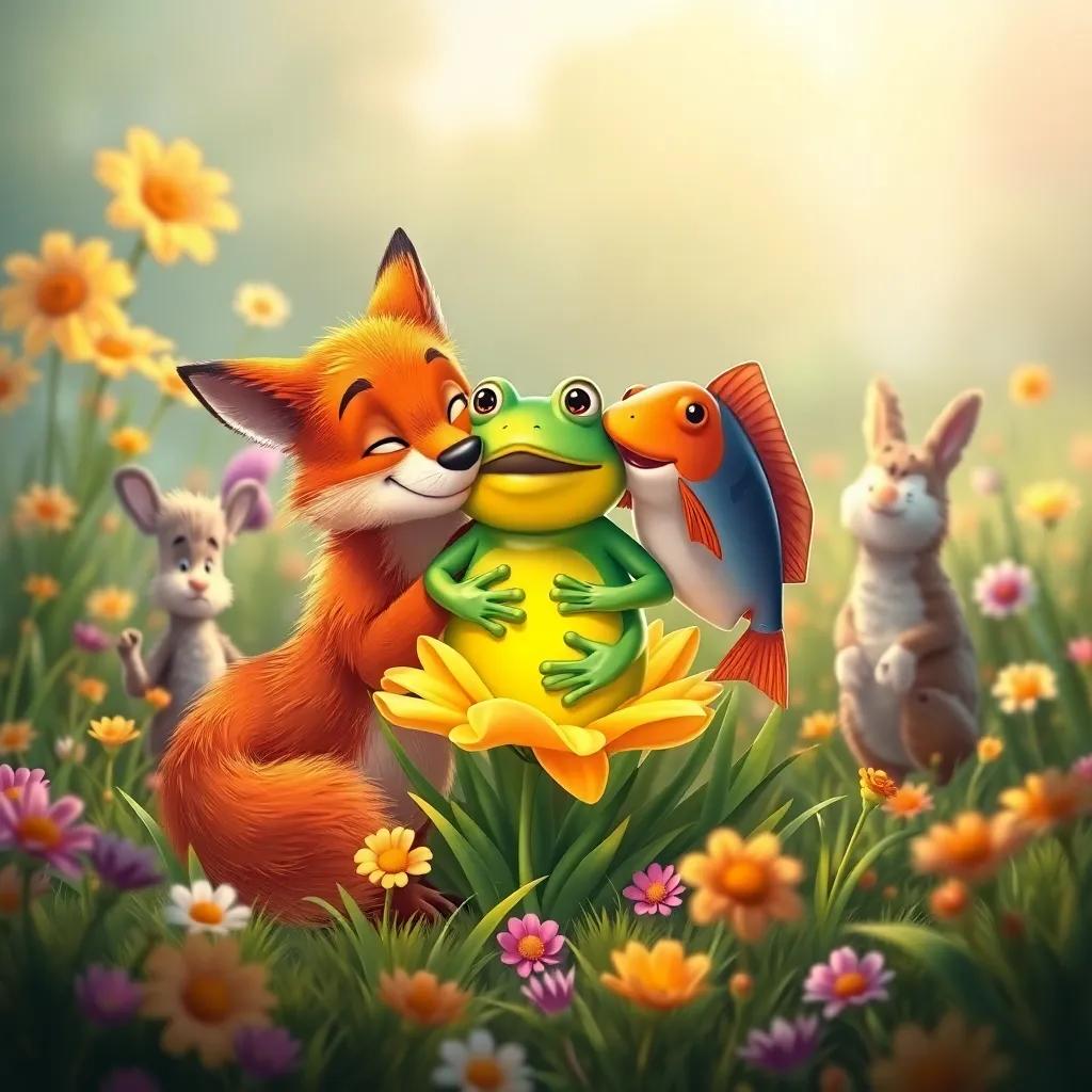 The fox, frog, and fish hugging around the flower together in the meadow, surrounded by other animals watching happily, colorful scene, joyful and friendly, warm lighting