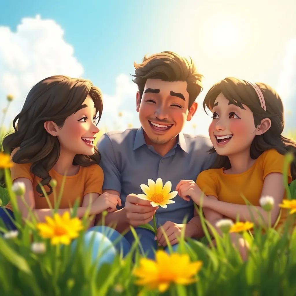 The three friends lying in the meadow, looking at the beautiful flower, sharing stories and laughter, bright sunlight shining on their faces, idyllic and peaceful atmosphere