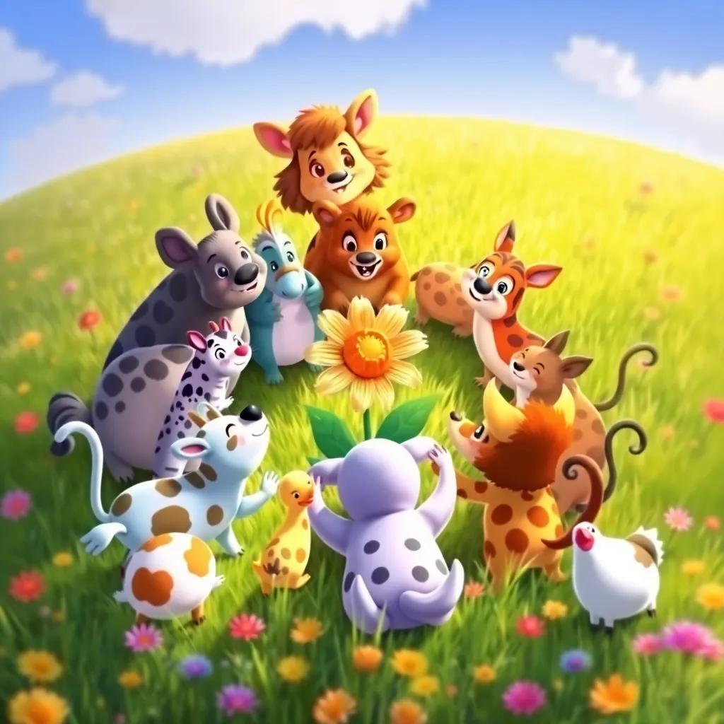 All the animals in the meadow celebrating together around the flower, creating a circle of joy and friendship, colorful and vibrant scene, animated style, full of life and cheer