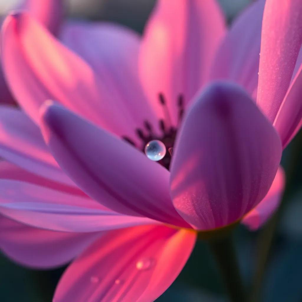 A close-up of the flower with dew drops on its petals, glowing softly in the evening light, highlighting its beauty, enchanting and magical atmosphere