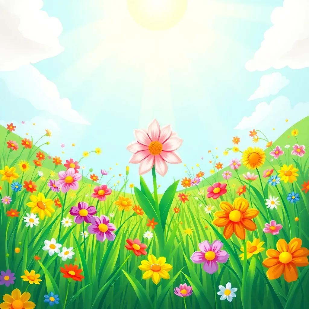 A vibrant, colorful meadow filled with flowers and green grass, with a majestic flower at the center, bright sunlight shining down, cheerful atmosphere, digital art, high quality