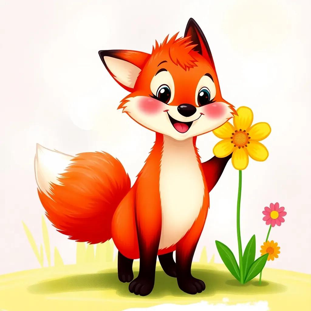A playful red fox with bright fur and a bushy tail, standing proudly next to a colorful flower, looking delighted, colorful background, cheerful vibe, illustration, bright colors, friendly expression