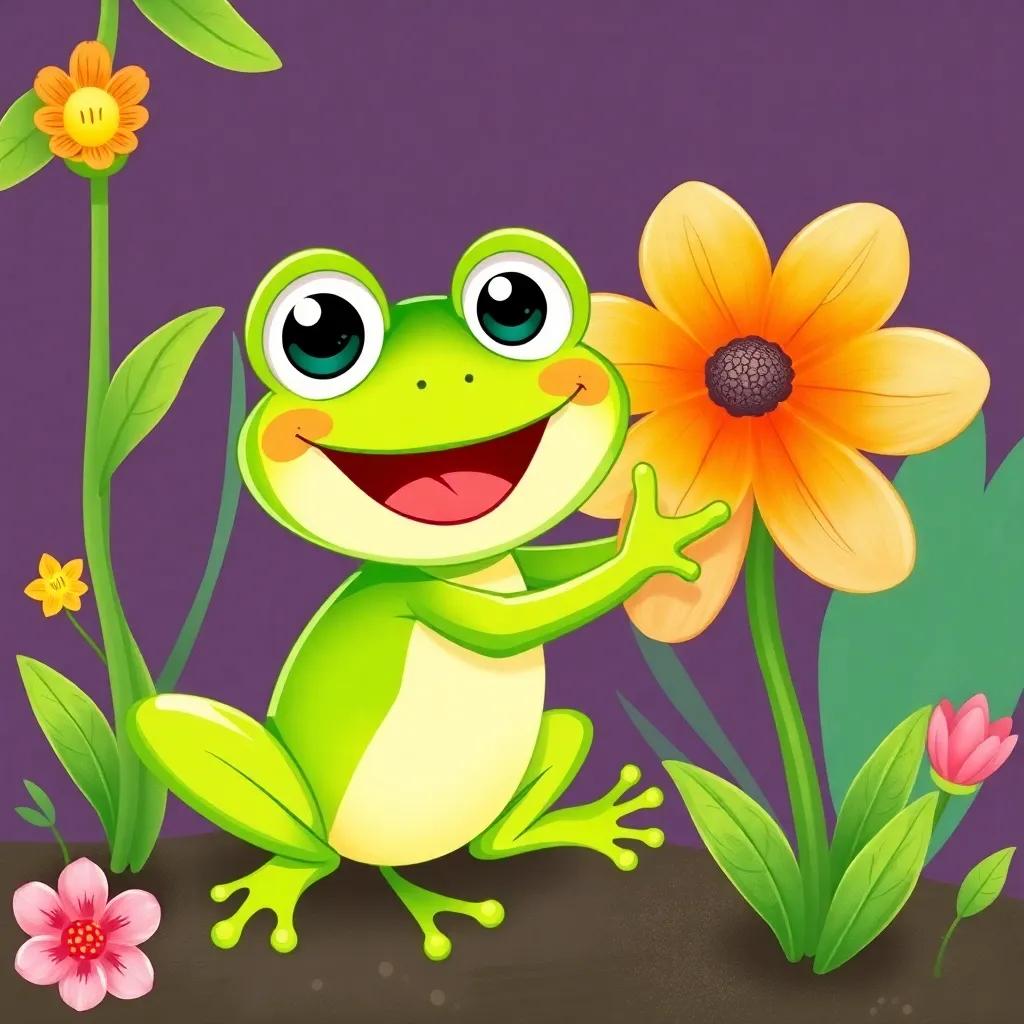 A cheerful green frog with big eyes and smooth skin, hopping next to the beautiful flower, surrounded by other plants, joyful, cartoonish style, vibrant colors, child-friendly