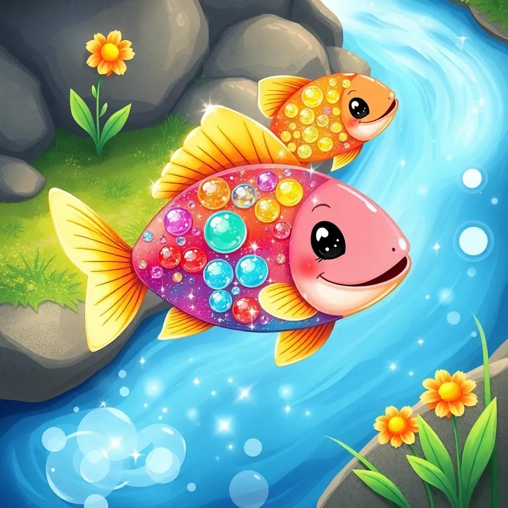 A sparkling fish of various hues, swimming in a nearby sparkling stream, with a colorful flower on the riverbank, cheerful and lively, illustration, engaging perspective, bright colors
