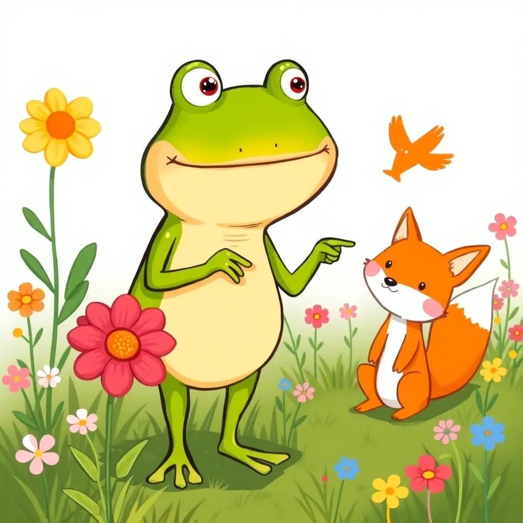A determined frog with a pout, standing next to the flower, pointing a finger at a nearby fox, surrounded by a lively scene in the meadow, cartoonish, humorous vibe, bright colors