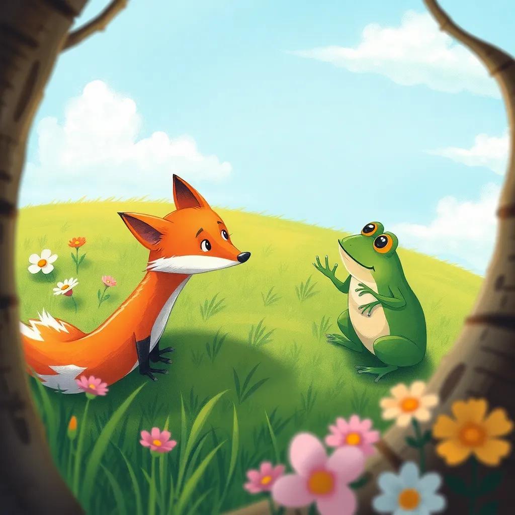 A bird's-eye view of a quarrel in the meadow, with Fox and Frog arguing, a blue sky above, warmth in the atmosphere, humorous and colorful scene, illustration, whimsical style