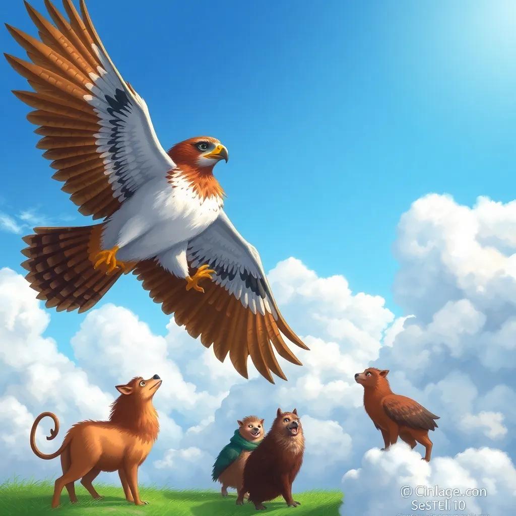 A majestic falcon soaring gracefully in the sky, casting a shadow over the arguing animals, surrounded by fluffy clouds, majestic and wise look, beautiful scenery, digital art, high quality