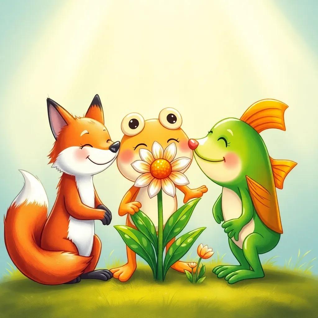 Three friends—Fox, Frog, and Fish—gathered around the flower, smiling and admiring it together, warm sunlight glowing down, cheerful atmosphere, heartwarming scene, moral story style, bright colors
