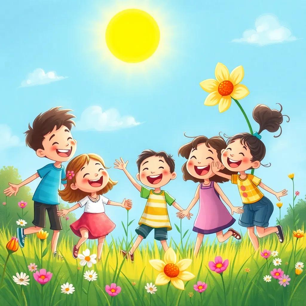 A joyful scene of the friends playing together in the meadow under a sunlit sky, with the flower blooming beautifully in the background, atmosphere of laughter and joy, engaging illustration, vibrant colors
