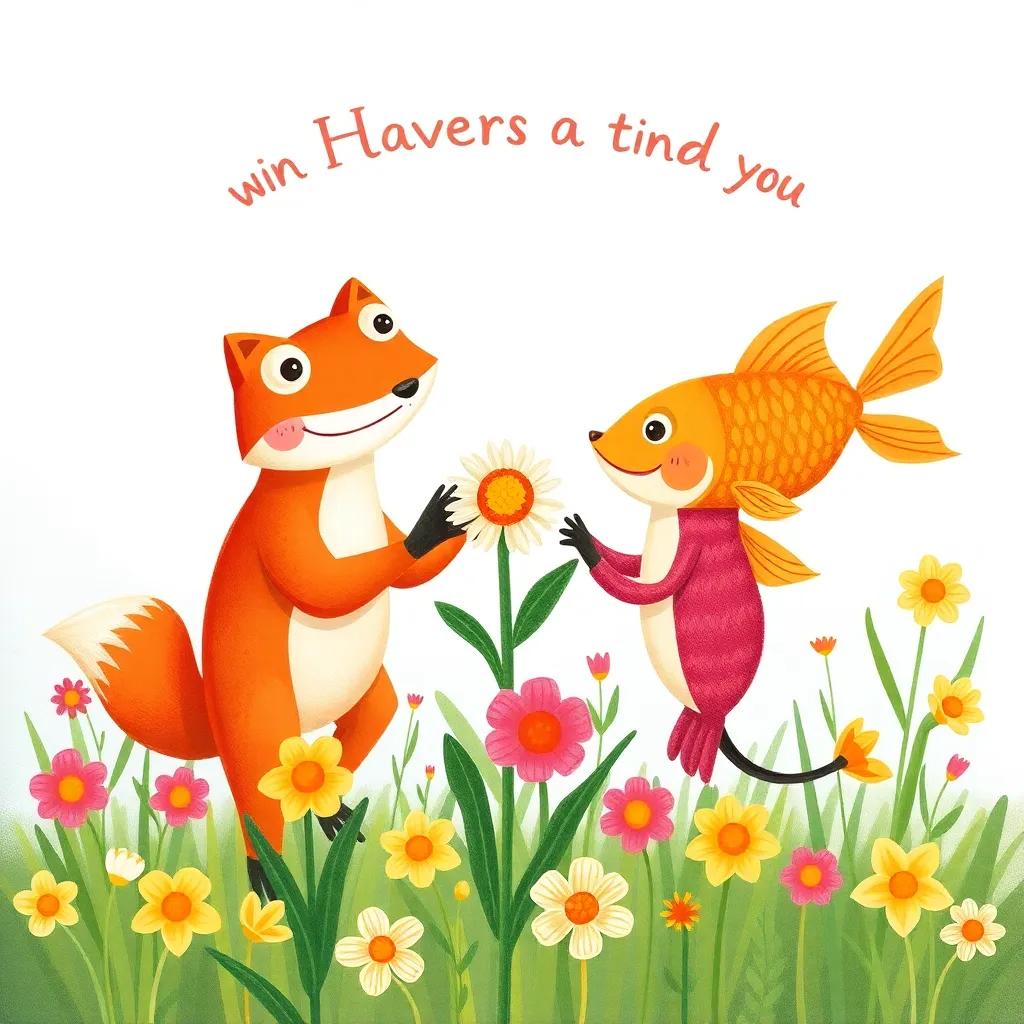 Frog, Fox, and Fish happily sharing the flower, surrounded by other flowers in the meadow, illustration depicting friendship and sharing, warm colors, cheerful celebration`