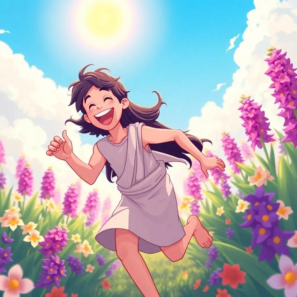 A beautiful Greek boy, Hyacinthus, laughing and running under the sunny sky, with long, flowing dark hair, wearing a simple tunic, vibrant flowers around him, bright and cheerful atmosphere, digital art, high quality