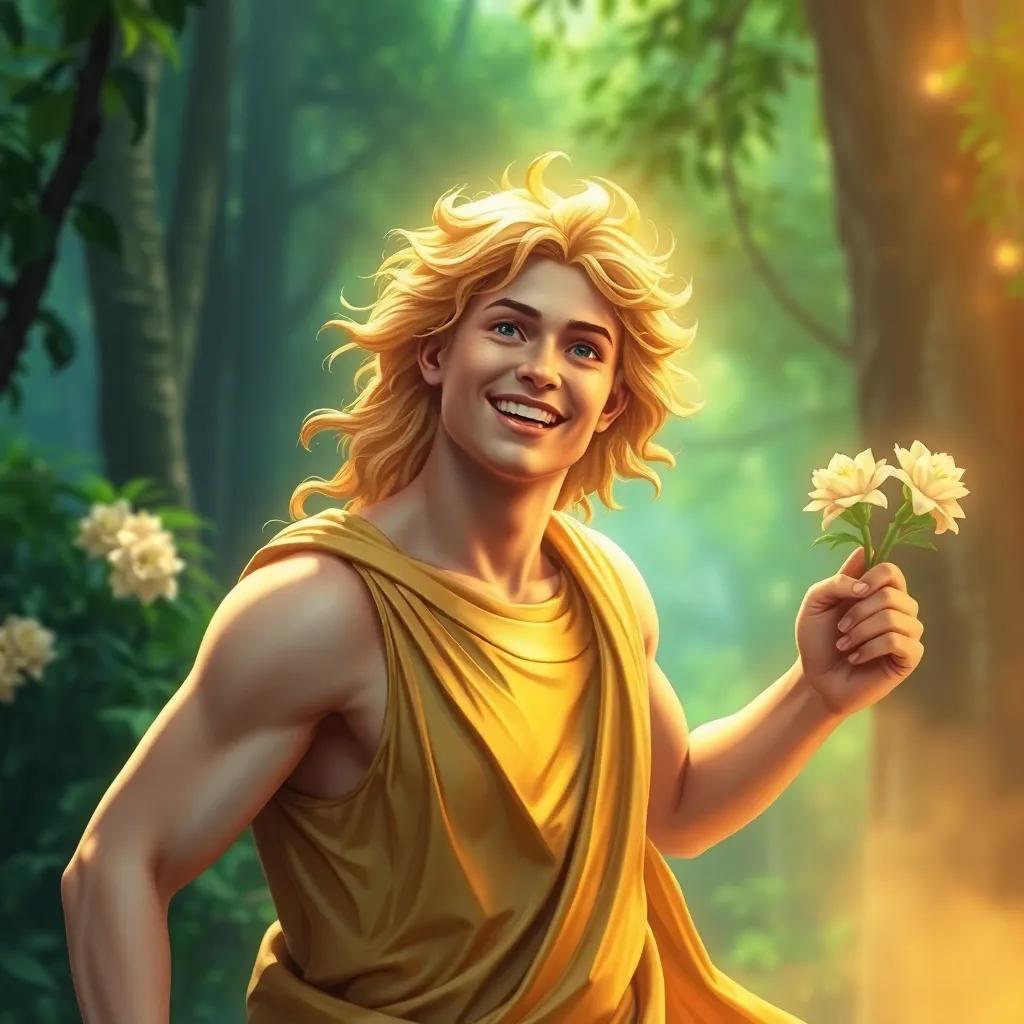 Apollo the sun god with golden hair, smiling and chasing Hyacinthus, wearing a golden tunic, ethereal light surrounding him, lush green forest background, digital art, joyful atmosphere, high quality