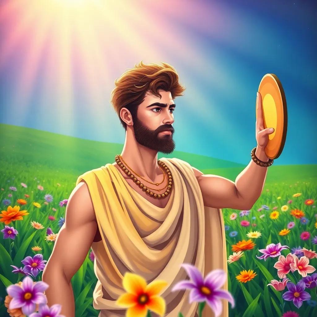 Hyacinthus with a discus in his hand, preparing to throw, looking determined, green fields around him, colorful flowers blooming, sunlight streaming down, vibrant scene, digital art, energetic vibe, high quality
