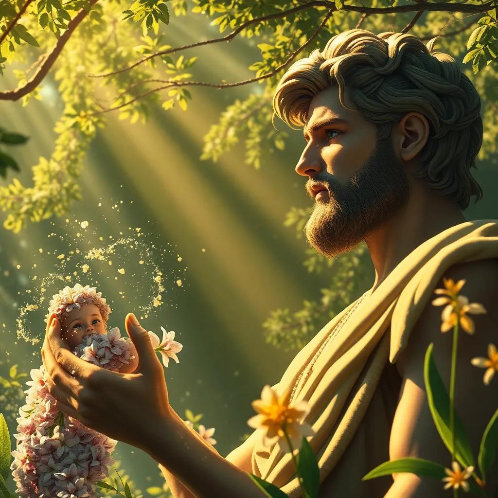 Apollo gasping in horror as Hyacinthus falls, expression of despair on his face, lush scenery around them, golden rays of sunlight casting shadows, emotional atmosphere, digital art, poignant moment, high quality