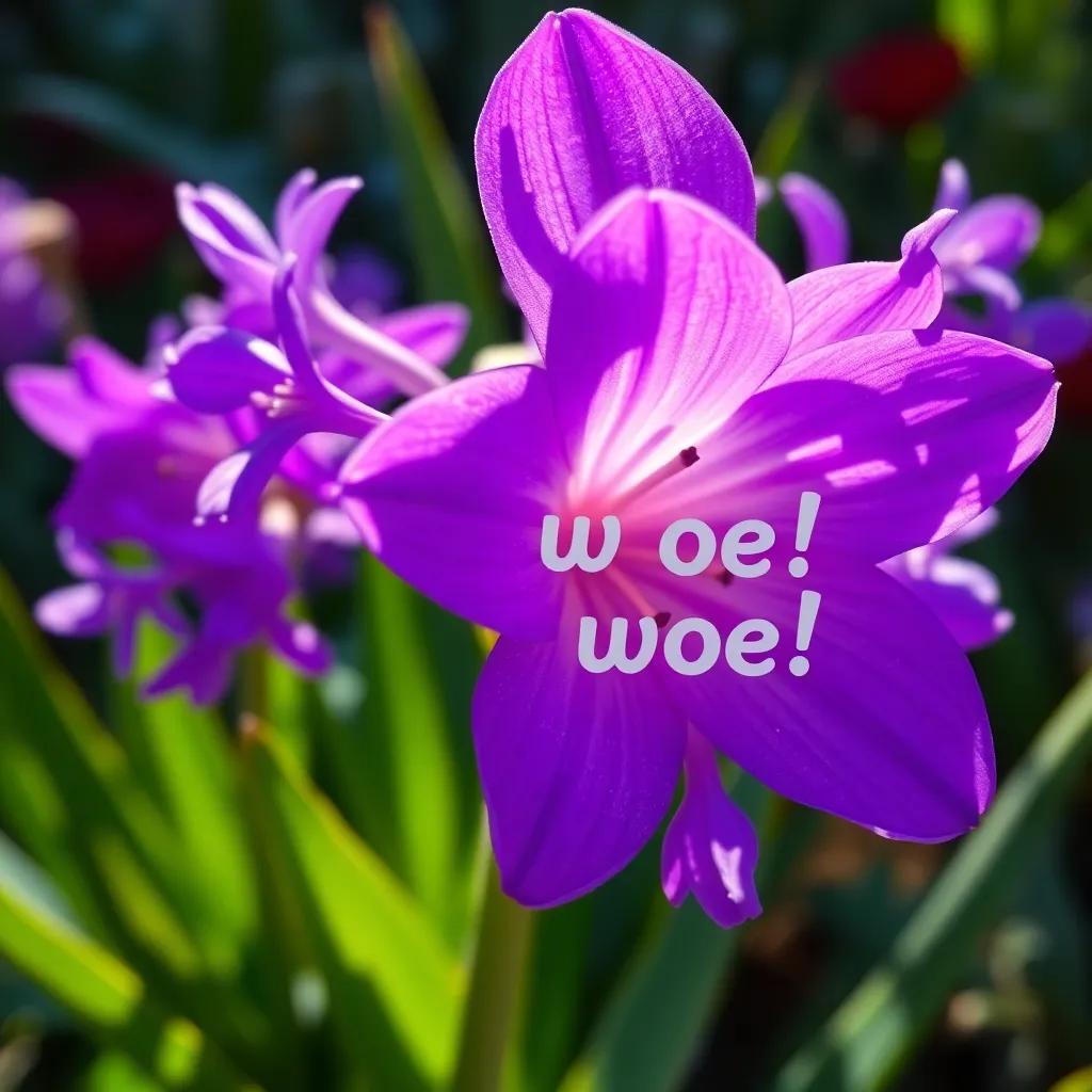 A stunning purple flower blooming where Hyacinthus lay, petals glistening in the sunlight, intricate details showcasing the Greek words of woe! woe!, in a beautiful garden setting, digital art, meaningful and colorful, high quality