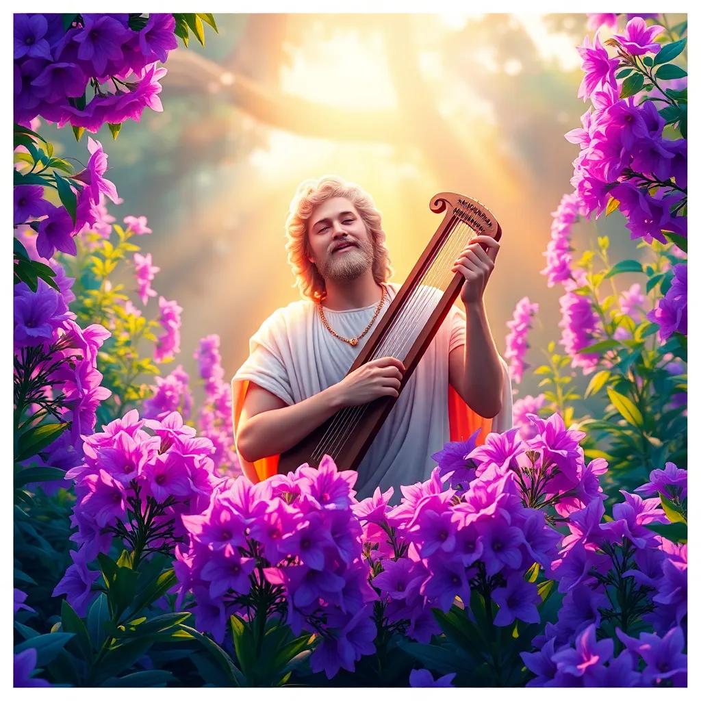 Apollo surrounded by blooming purple flowers, singing with his lyre, golden rays of sunlight illuminating him, lush garden full of life, digital art, serene and joyful ambiance, high quality