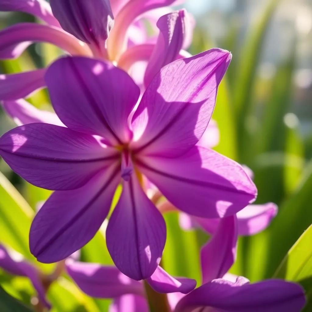 A close-up of Hyacinthus's purple flower with the unique mark on its petals, surrounded by vibrant green leaves, with sunlight highlighting its beauty, magical atmosphere, digital art, detail-oriented and vivid, high quality