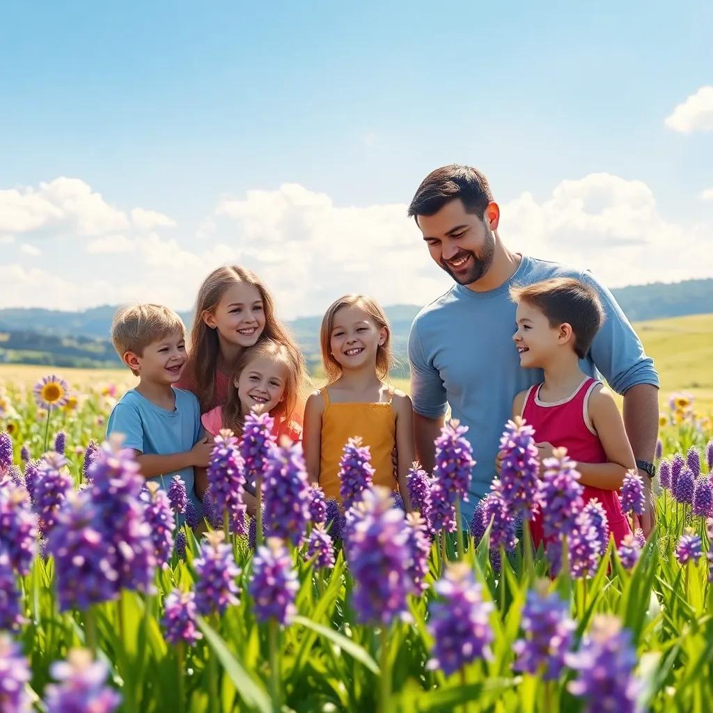 Children and families admiring the purple flowers in a sunny meadow, sharing stories of Hyacinthus and Apollo, joyful expressions on their faces, beautiful landscape in the background, digital art, community spirit, high quality