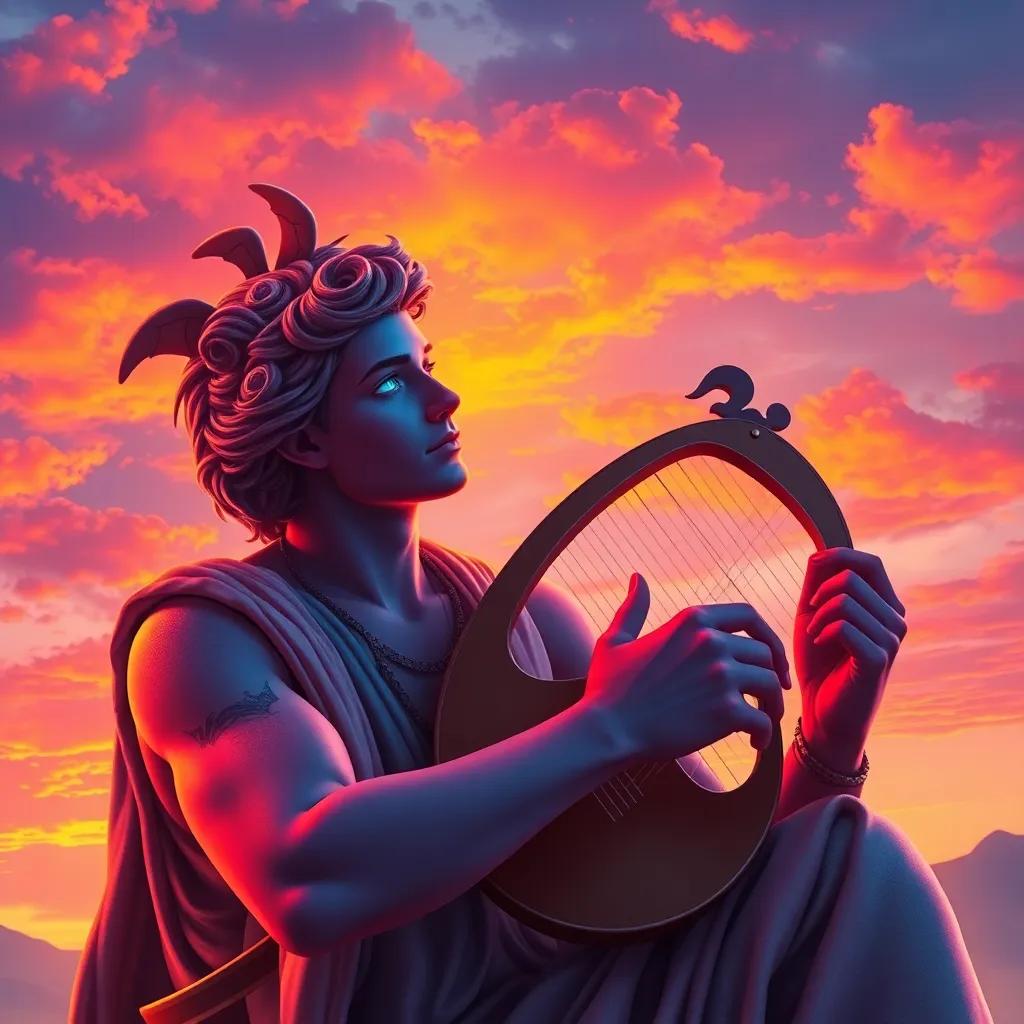 Apollo playing his lyre under a sunset sky with colorful clouds, blissful and serene vibe, vibrant colors reflecting in his eyes, a memorial for Hyacinthus, digital art, enchanting and emotional, high quality