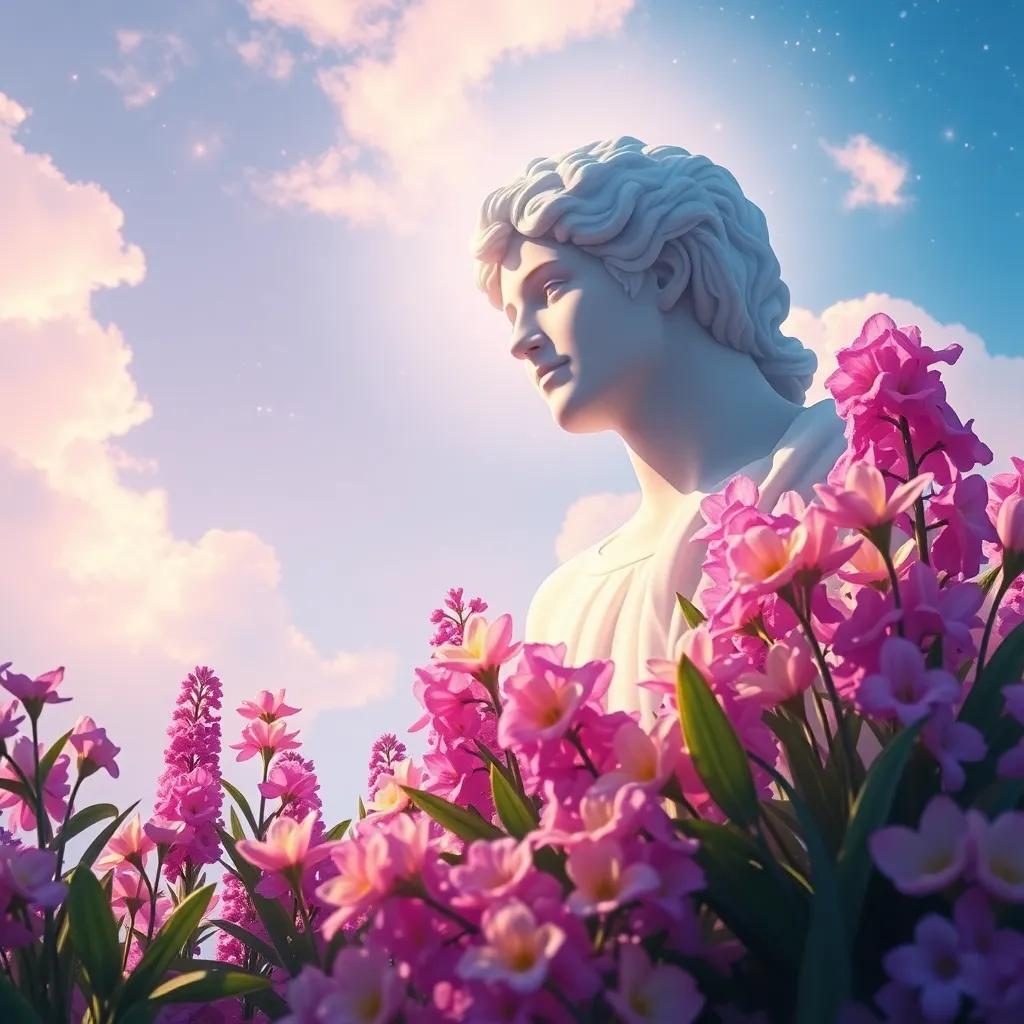 A magical scene of Hyacinthus in spirit watching over Apollo, colorful flowers blooming around him in the sky, soft ethereal glow, conveying love and friendship, digital art, heartfelt and uplifting atmosphere, high quality