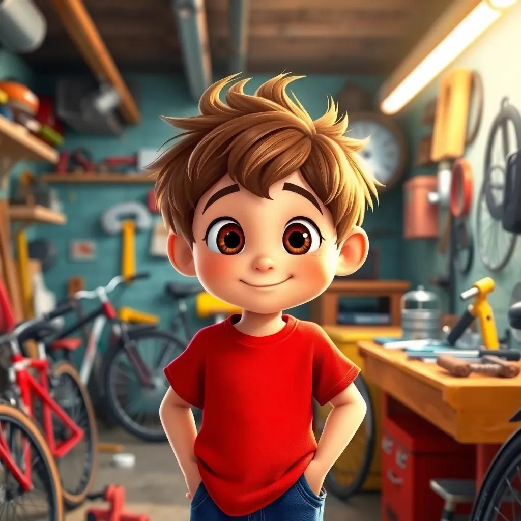 A curious young boy, Tommy, with messy brown hair, wearing a bright red t-shirt and blue shorts, working in a garage filled with tools and bicycle parts, colorful, cheerful atmosphere, digital art, high quality