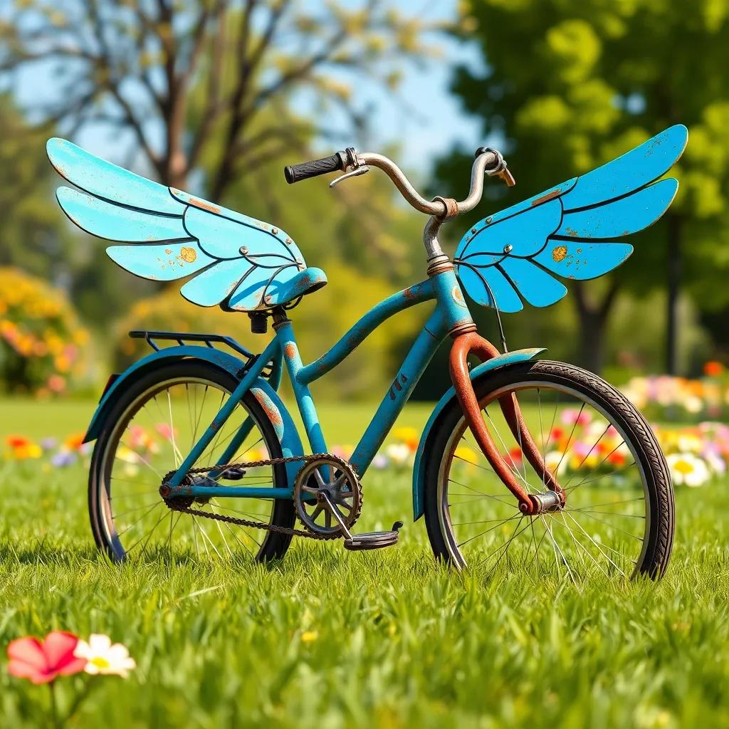 An old rusty bicycle painted bright blue with shiny cardboard wings, placed in a sunny park with green grass and colorful flowers, playful and inviting setting, cartoon style, vibrant colors