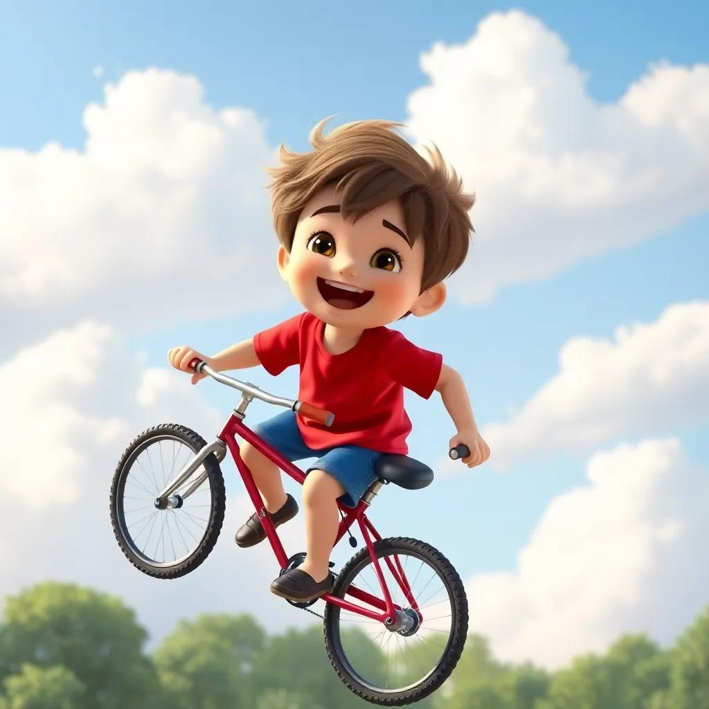 Tommy, a young boy with messy brown hair wearing a bright red t-shirt and blue shorts, joyfully pedaling a flying bicycle above trees and fluffy clouds, joyful and adventurous scene, digital art, high quality