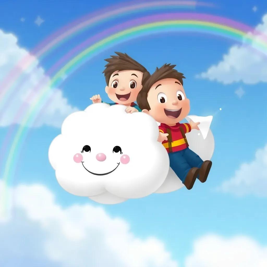 Tommy and Fluffy, a cheerful white cloud with a smiling face, flying through a clear blue sky with rainbow arches and stars, fun and magical atmosphere, colorful illustration