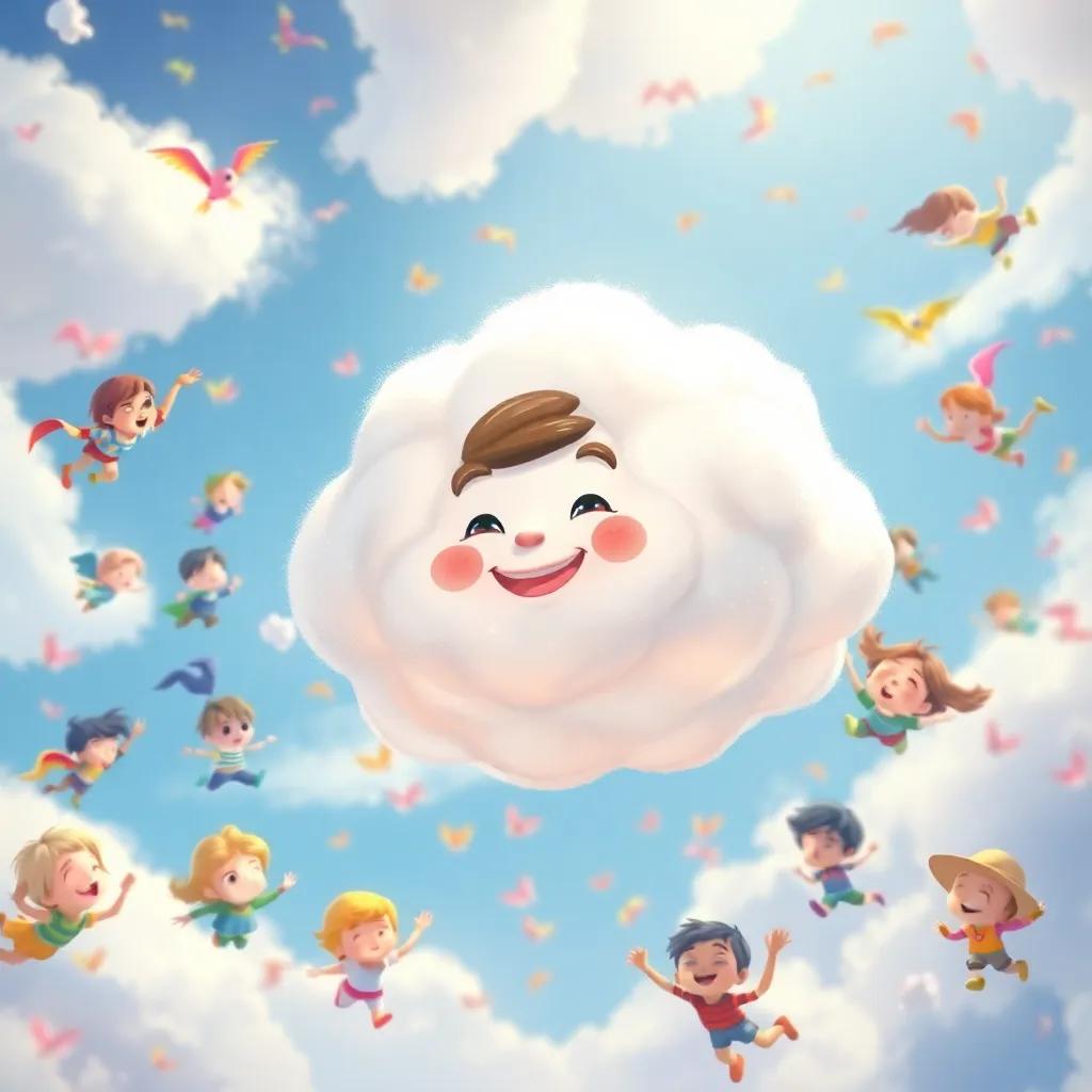 Fluffy, a friendly cloud with a happy face, floating beside Tommy in a sky full of colorful flying kids enjoying Dreamland, joyful and vibrant scene, child-friendly, digital painting