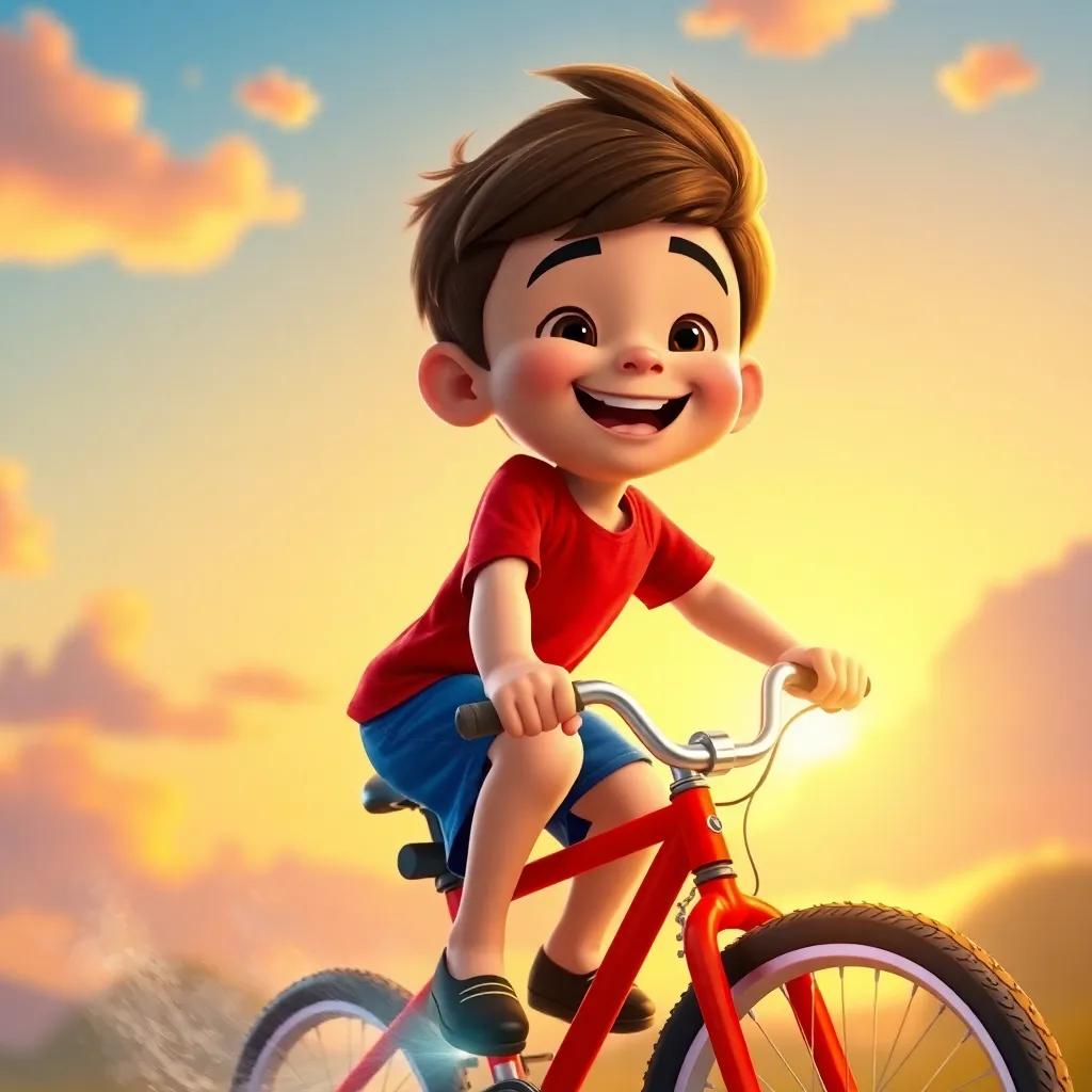 Tommy, a young boy with bright red t-shirt and blue shorts, flying back home on his magical bicycle, joyful expression against a sunset sky, colorful and uplifting scene, digital art