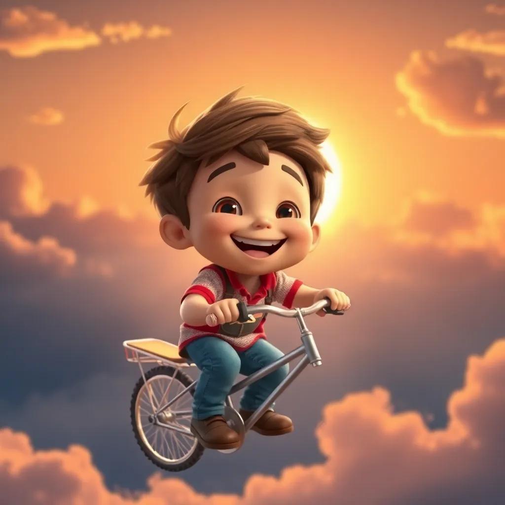 Tommy, a young boy with a big smile, surrounded by his flying bicycle and clouds in the sky, with a soft glow of sunset behind him, inspirational and dreamy image, digital art, high quality
