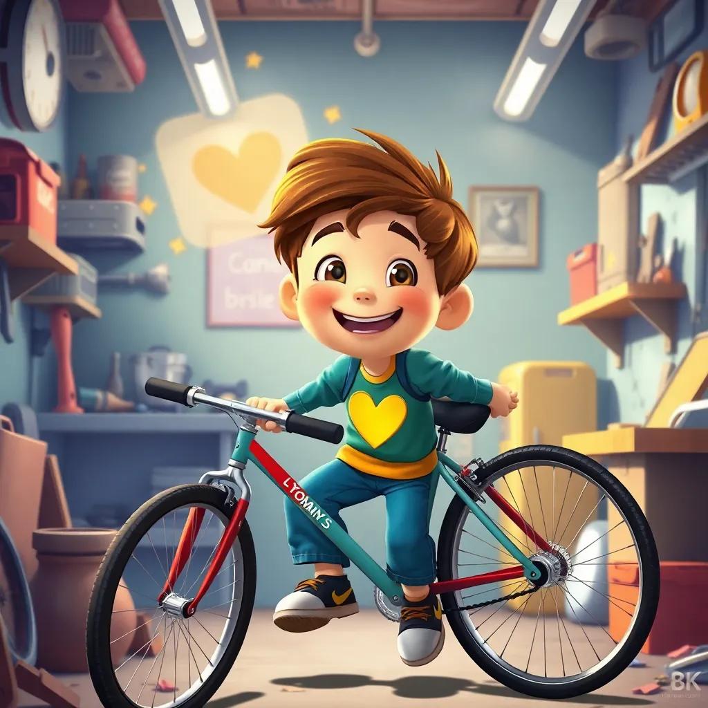 Tommy, a young boy with brown hair and a joyful face, climbing off his bicycle with a heart full of dreams in his garage, with tools and pieces around him, cheerful and motivational atmosphere, colorful art