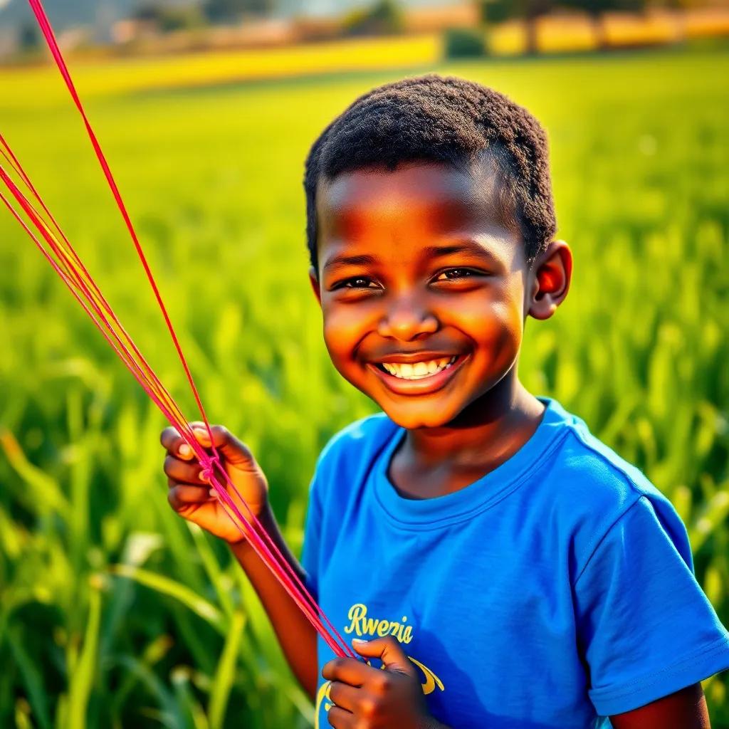 A young Rwandan boy, Kwezi, with short black hair, wearing a bright blue t-shirt and shorts, smiling as he holds colorful cloth and strings in a lush green field, warm sunlight, vibrant colors, joyful expression, high quality