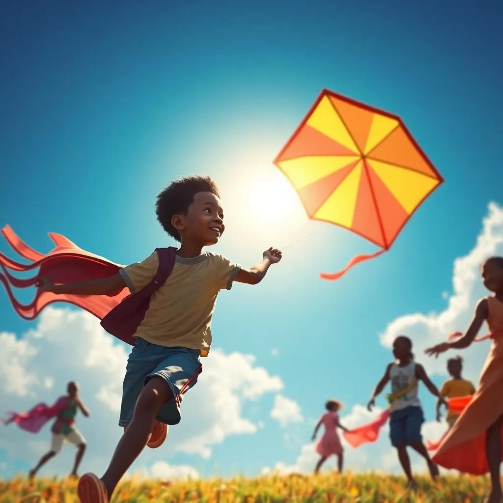 Kwezi, a young Rwandan boy with short black hair, running on a hilltop with a large colorful kite soaring in the sky, surrounded by friends, bright blue sky, cheerful atmosphere, playful scene, detailed digital art
