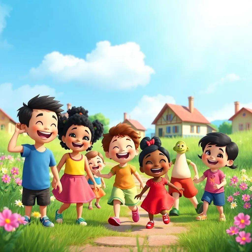 A cheerful village with children laughing and playing with bright blue sky, green grass, and colorful flowers, children resembling different ethnicities happily playing together