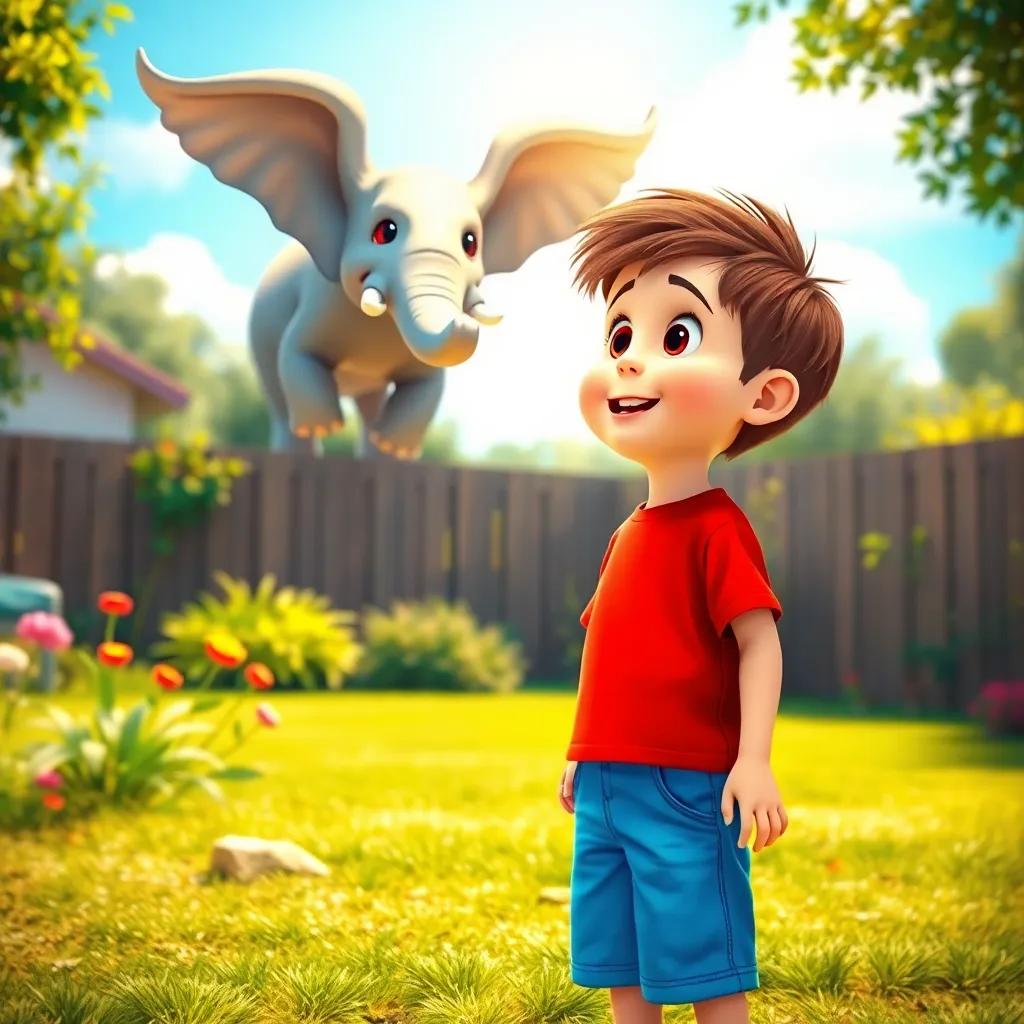 A little boy, Sam, with short brown hair, wearing a bright red shirt and blue shorts, standing in a sunny backyard, looking up in amazement at a flying elephant with shiny wings, colorful and whimsical atmosphere, digital art, vibrant colors, cheerful mood, high quality