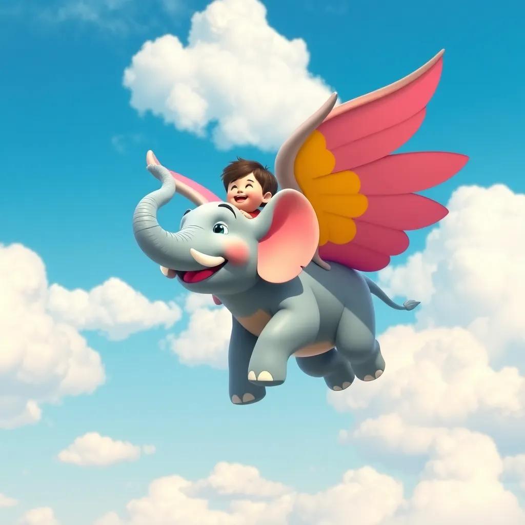 A flying elephant named Ellie, colorful and majestic, with large, shiny wings, gracefully soaring in a clear blue sky with fluffy white clouds, Sam on her back, laughing with joy, bright and lively colors, storytelling view, digital art, child-friendly
