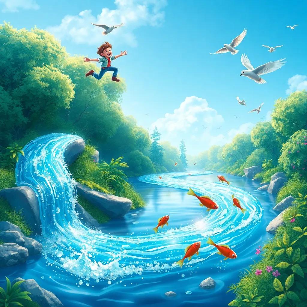 A sparkling river winding like a snake, with Sam and Ellie flying above it, fish jumping out of the water in excitement, birds singing in the trees, bright and enchanting colors, whimsical nature, high-quality illustration