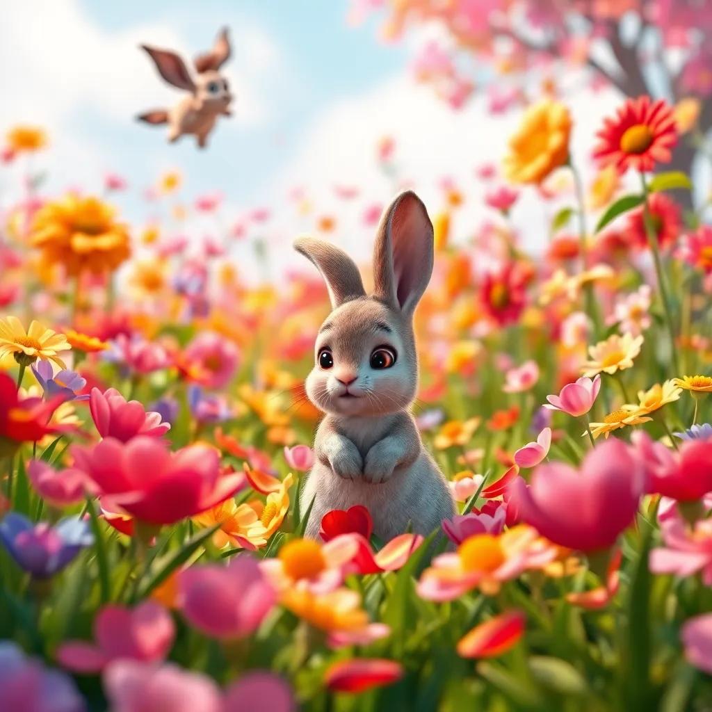A colorful field of dancing flowers, with a little rabbit, Ruby, looking sad in the middle, surrounded by vibrant flower petals, Sam and Ellie landing in the background, cheerful and warm atmosphere, digital art, engaging colors