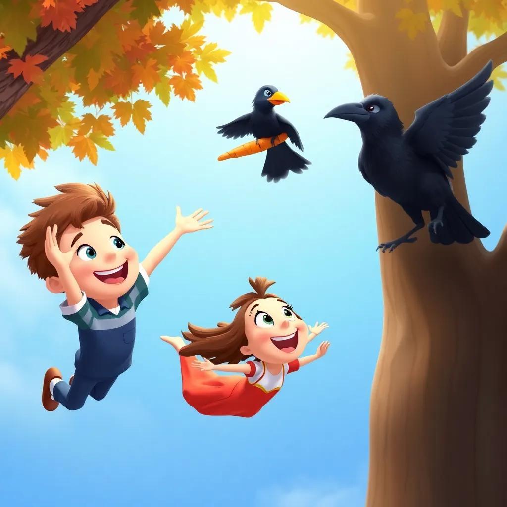 Sam and Ellie flying high again, spotting a sneaky crow in a tree with a carrot, focused and bright colors, a sense of teamwork in the air, playful and inviting depiction, high-quality illustration