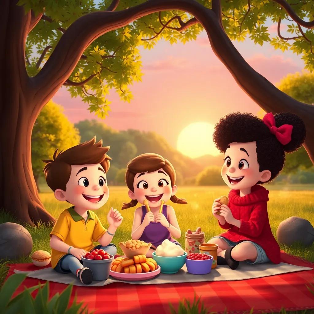 Sam, Ellie, and Ruby enjoying a picnic under a big tree, sharing tasty snacks with smiles, the sun setting in the background, warm and cozy colors, joyful and heartwarming scene, digital art
