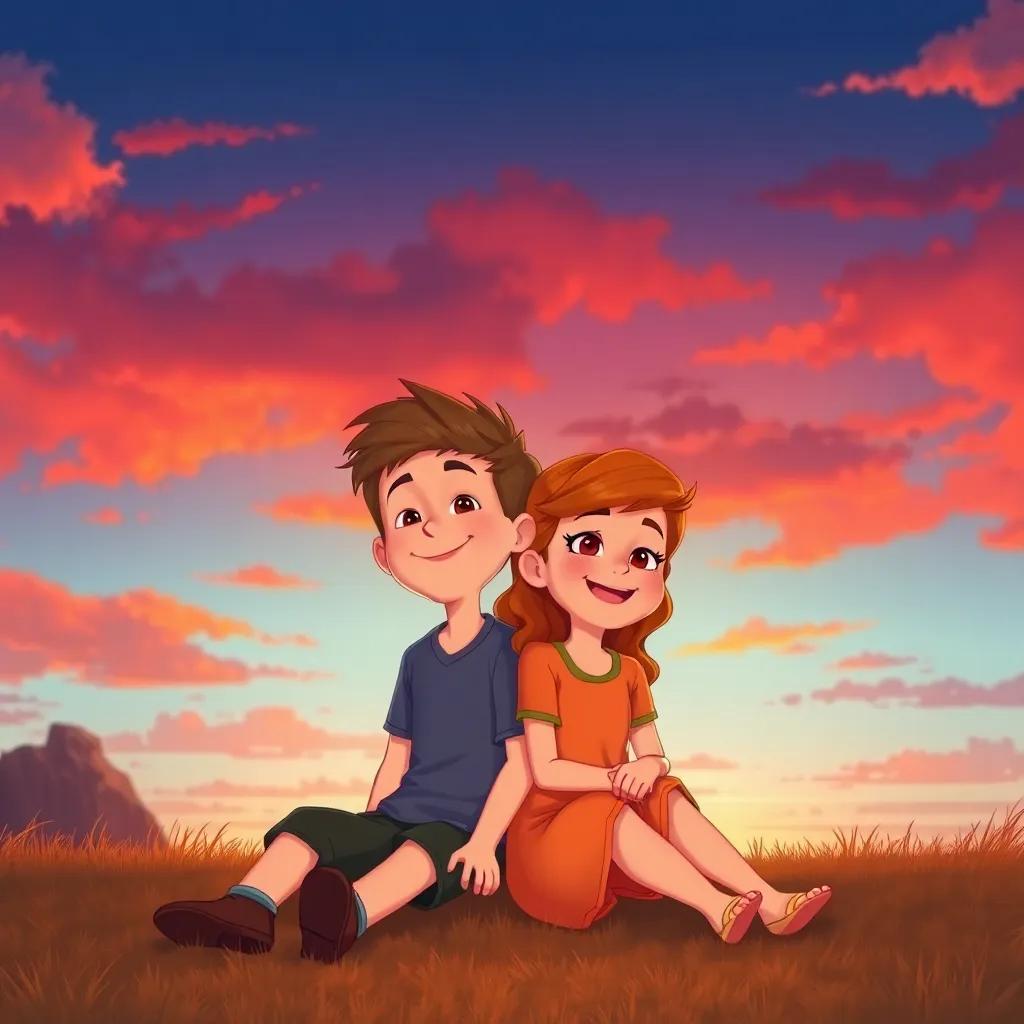 Sam and Ellie under a sunset sky with orange and pink hues, feeling happy as they sit together, wonderful colors blending into twilight, serene and peaceful atmosphere, high-quality illustration