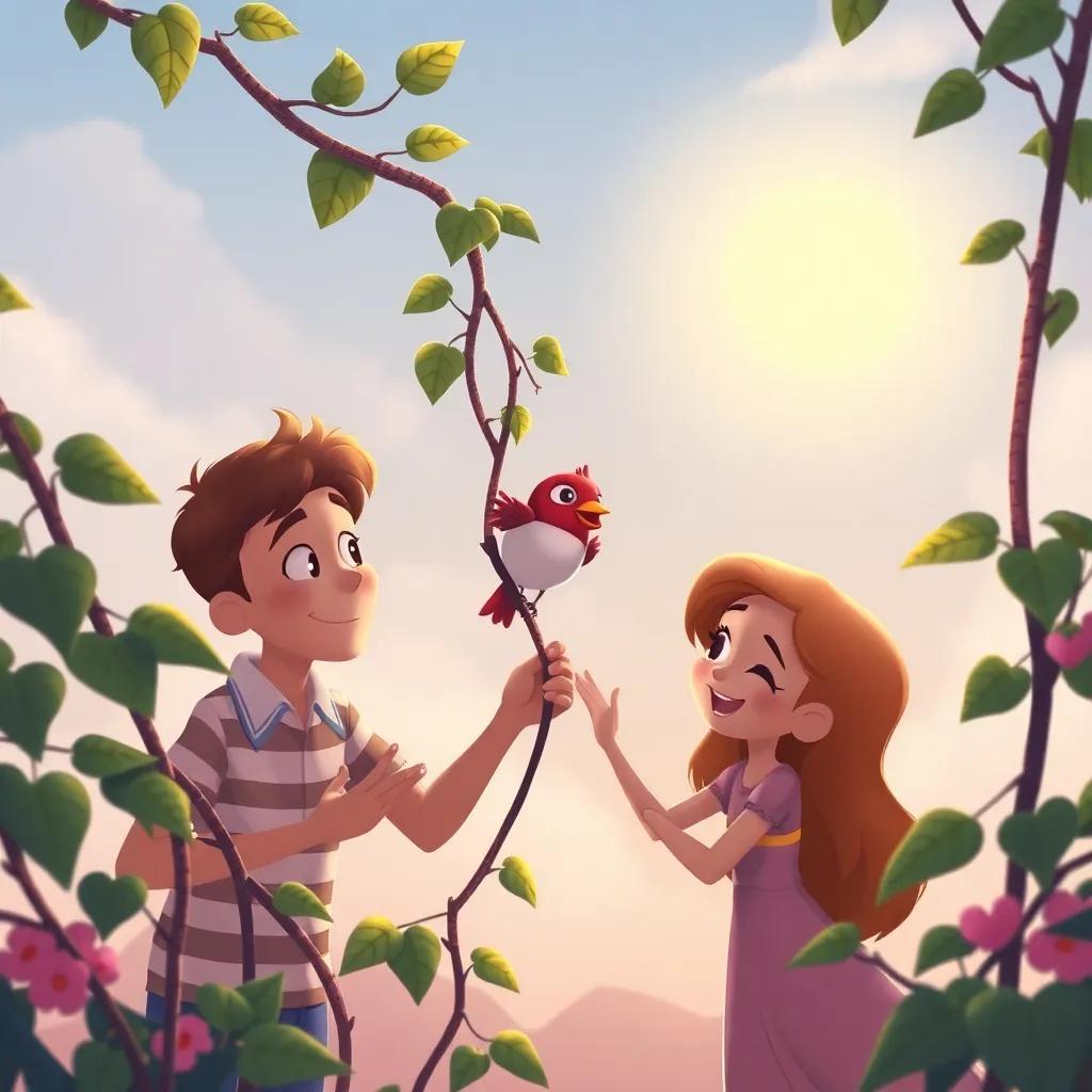 A tiny bird caught in vines with Sam and Ellie gently helping, a sense of teamwork and caring in the scene, soft colors and a glowing sky, warming hearts, whimsical illustration