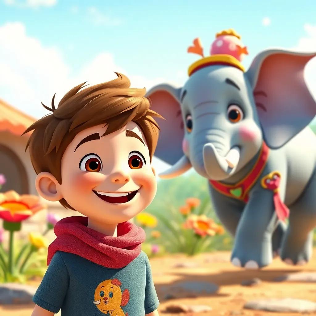 Sam smiling brightly, learning about courage and kindness, with Ellie the flying elephant nearby, together in a colorful and enchanting place, bright and uplifting scene, digital art, child-friendly