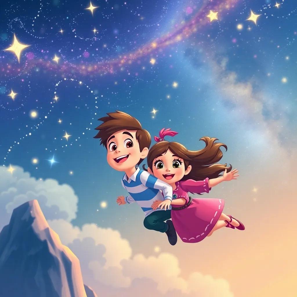 Sam and Ellie flying together underneath the sparkling stars, exploring magical places in the night sky, filled with wonder and adventure, captivating colors, high-quality, imaginative illustration