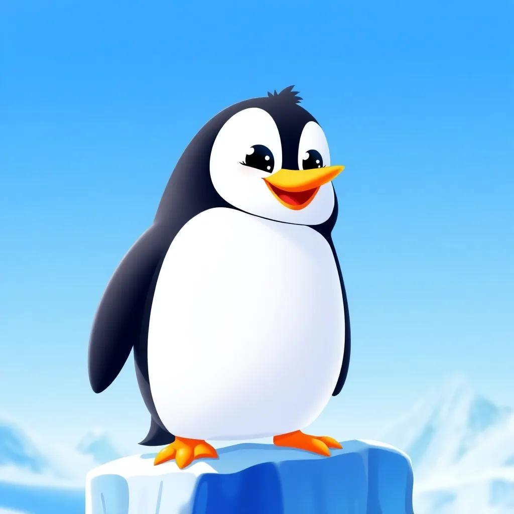 A cheerful penguin named Pippin, with a big smile, standing on a tall iceberg, looking at the sky with glimmering eyes, bright blue backdrop, snowy landscape, child-friendly, vibrant colors, happy atmosphere, digital art