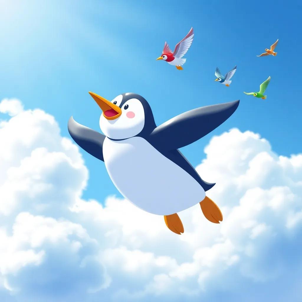 Pippin, the flying penguin, soaring through the blue sky with outstretched flippers, surrounded by fluffy white clouds and a few colorful birds flying alongside him, joyful scene, cheerful and uplifting, bright sunlight, illustration style, high quality