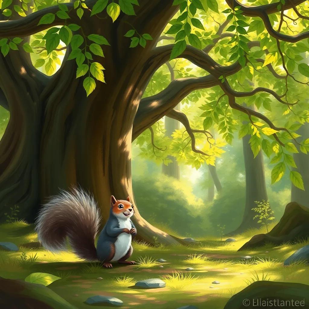 A lively forest scene with Sammy the squirrel, a small gray and brown squirrel, full of energy, with bushy tail, excitedly talking under a big oak tree, vibrant green leaves and dappled sunlight, digital art, cheerful atmosphere, high quality